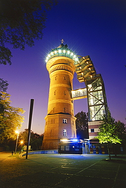 Aquarius Water Museum at night, Muehlheim, Ruhr Valley, Ruhr, Northrhine Westphalia, Germany