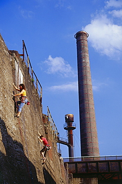 Climbers at Huette Meiderich, Public Park in Duisburg North, Duisburg, Ruhr Valley, North Rhine Westphalia, Germany