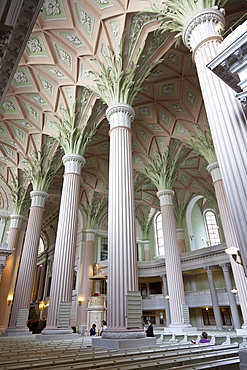 View of the columns and ceiling of the Nikolaikirche from below, church St. Nicolai, columns, pillars, inside, peaceful revolution, pease prayers, Leipzig, Saxony, Germany