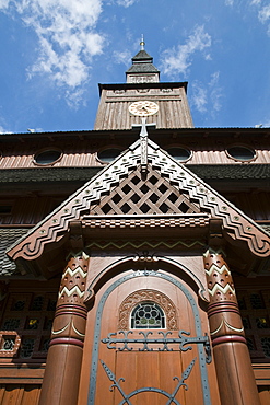 Entrance to Stave church Gustav Adolf, Hahnenklee, Lower Saxony, Harz, Lower Saxony, Germany