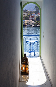 View from the hallway onto the harbour, Hotel Mediterraneo, Kastelorizo Megiste, Dodecanese Islands, Greece, Europe