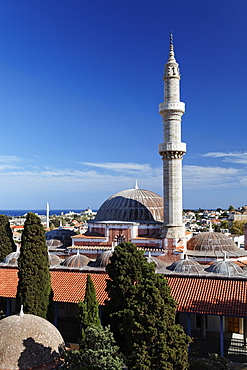 View from the clock tower onto the Sueleyman mosque and the old town of Rhodes, Rhodes, Dodecanese Islands, Greece, Europe