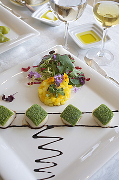 Dood served at decorated table at the restaurant of a five star Hotel, Quinta do Lago, Algarve, Portugal, Europe