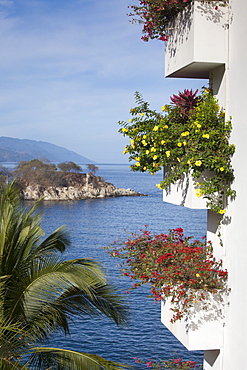 Tropoical flowers on balconies of high-rise building at Mismaloya, near Puerto Vallarta, Jalisco, Mexico, Central America