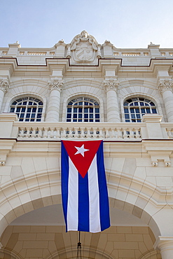 Cuban flag hanging outside a building, Havana, Havana, Cuba, Caribbean