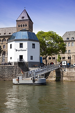 Pegelhaus and pier on Rhine river, Koblenz, Rhineland-Palatinate, Germany, Europe