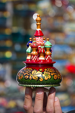 Souvenir church for sale on the market stand outside Peterhof Palace, St. Petersburg, Russia, Europe