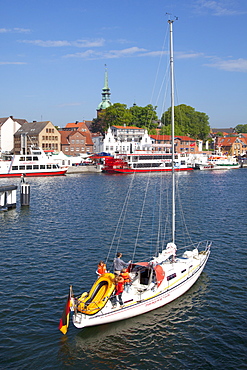 Sailing boat at harbour, Kappeln, Schlei fjord, Baltic Sea, Schleswig-Holstein, Germany, Europe