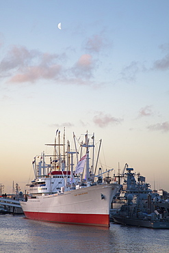 Museum ship Cap San Diego at the harbour at dusk, Hamburg, Germany, Europe