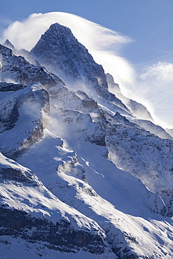 Strong winds form the typical Foehn cloud around the top of Schreckhorn, Grindelwald, Jungfrauregion, Bernese Oberland, Canton Bern, Switzerland, Europe