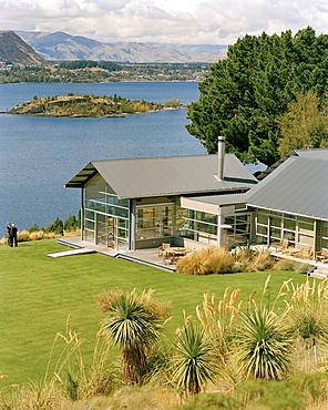 Buildings of the luxury Whare Kea Lodge at Lake Wanaka, Wanaka, Central Otago, South Island, New Zealand