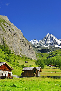 Alpine huts in front of Grossglockner, Luckneralm, Grossglockner, National Park Hohe Tauern, East Tyrol, Austria