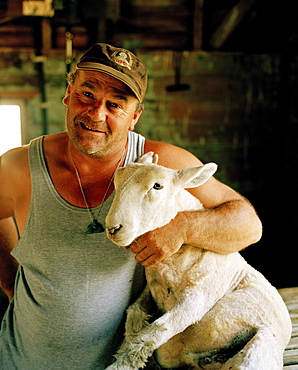 Shepherd Lou Thacker with fresh shorn sheep, Rowendale Homestead, Okains Bay, Banks Peninsula, South Island, New Zealand