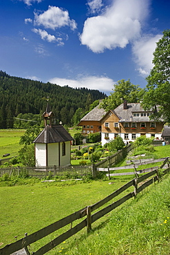 Traditional farmhouse with chapel and cottage garden, Titisee, Black Forest, Baden-Wuerttemberg, Germany, Europe