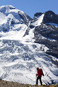 A man hiking, mountaineering in front of Bluemlisalp mountains, Kander Valley, view from the ridge between Schwarzhorn and Bundstock, Bernese Oberland, Canton of Bern, Switzerland