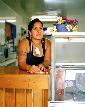 Maori Barb Stainton works at fastfood restaurant on main street, Te Araroa, Eastcape, North Island, New Zealand