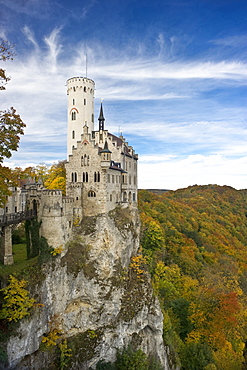 Lichtenstein Castle under clouded sky, Swabian Alp, Baden-Wuerttemberg, Germany, Europe