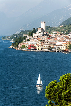 View to lake Garda and Malcesine, Lago di Garda, Province of Verona, Northern Italy, Italy