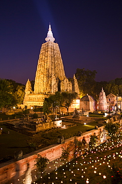 Mahabodhi Temple at night, the place where historical Buddha Siddhartha Gautama reached enlightment, Bodh Gaya, Gaya, Bihar, India