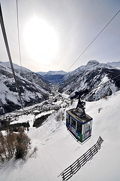 Cable car to Col Helbronner under Mont Blanc with view on Courmayeur, Aosta Valley, Italy