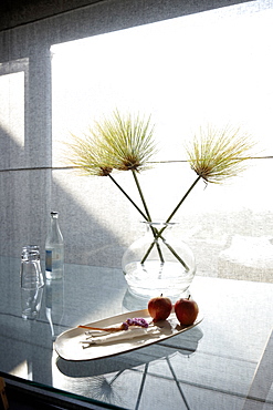 Glass table with decoration, Hotel Areias do Seixo, Povoa de Penafirme, A-dos-Cunhados, Costa de Prata, Portugal