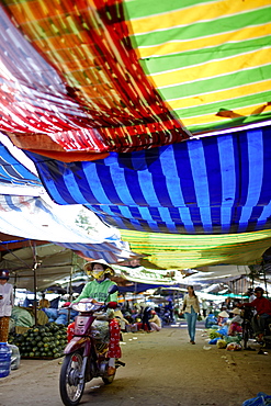 Market stalls under colourful canvas, Sa Dec, Dong Thap Province, Vietnam