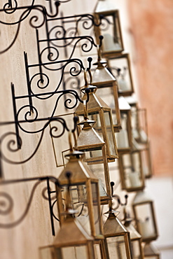 Moroccan lamps hanging in the courtyard, El Fenn, Marrakech, Morocco