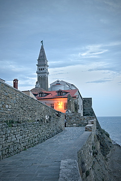 Parish church of St Georg at Piran, dawn light, Adria coast, Mediterranean Sea, Primorska, Slovenia