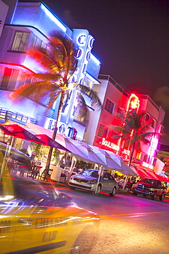 Ocean Drive at night with design hotel Colony, Art Deco District, South Beach, Miami, Florida, USA