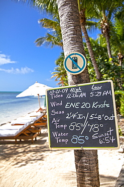 Board with weather forecast of the day, Little Palm Island Resort, Florida Keys, USA