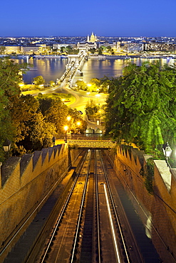 Funicular railwaz Silko, the Chain Bridge, Saint Stephan Basilica, Budapest, Hungary