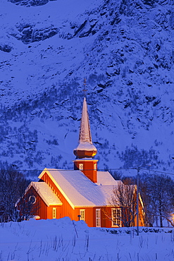 Flakstad church in the evening light, Flakstadoya, Lofoten, Nordland, Norway