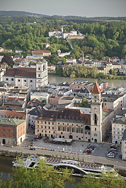 View of the old town of Passau with town hall, church of St. Michael and monastry Maria Hilf, River Danube and Inn, Passau, Lower Bavaria, Bavaria, Germany