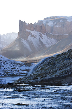 Water cascading down the travertine walls of Band-i-Haibat (Dam of Awe), Band-i-Amir, Bamian Province, Afghanistan