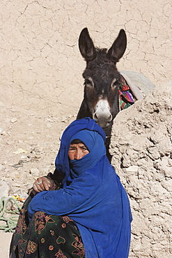 Hazara woman and donkey in Bamiyan, Bamian Province, Afghanistan