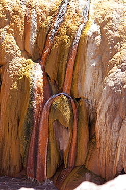 Stream flowing over sulphur deposits left by the Vacas River, Puente del Inca, Mendoza, Argentina