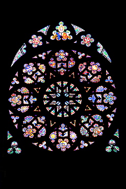 Stained glass rose window, designed by Frantisek Kysela in the 1920s in St. Vitus Cathedral, Prague, Czech Republic