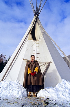 Girl in Metis Dress in front of Teepee, Festival du Voyageur, Winnipeg, Manitoba