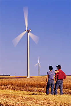 Farmers and Wind Turbine in Wheat Field, St. Leon, Manitoba