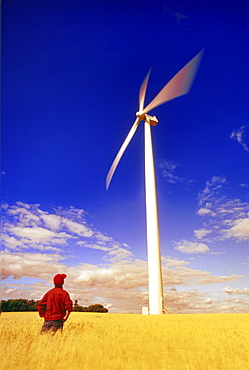 Farmer and Wind Turbine in Wheat Field, St. Leon, Manitoba