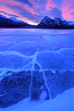 Frozen Lake at Sunrise, Lake Abraham at PreacherâˆšÃœs Point in Kootenay Plains, Alberta