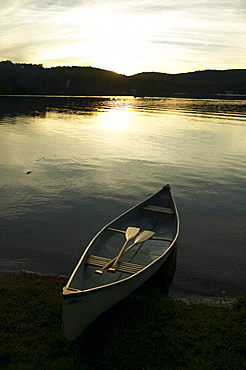 Canoe on Water at Sunset, Lac Laurel, Quebec