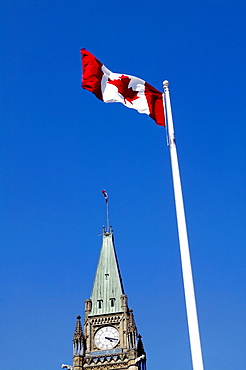 Top of the Peace Tower and Canadian Flag, Ottawa, Ontario