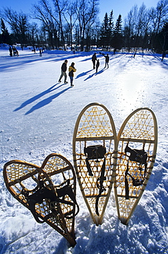 Snowshoes with Ice Rink and Skaters in the background, St. Vital Park, Winnipeg, Manitoba