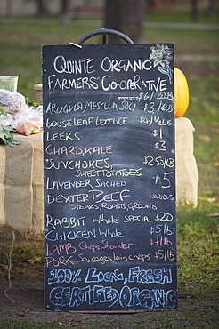 Organic farmers market hand written produce sign, Riverdale Farmers Market, Toronto, Ontario