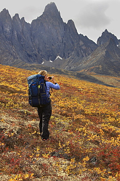 Hiker taking pictures in autumn, Tombstone Territorial Park, Yukon