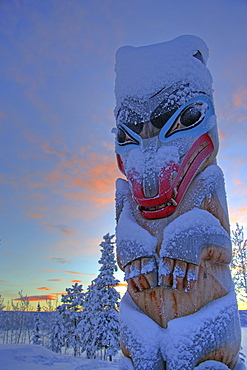 Snow Covered Totem Pole at Sunset, outside Teslin, Yukon
