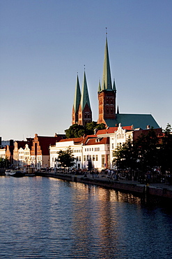 Skyline reflected in the Holstenhafen, Lubeck, Germany