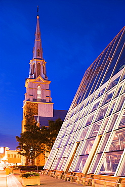 Glass building and Saint-Germain cathedral at dusk, Bas-Saint-Laurent region, Rimouski, Quebec