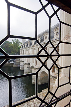 View of the Cher River and the Gallery from a window in the Chuteau de Chenonceau, Chenonceaux, Indre-et-Loire, France